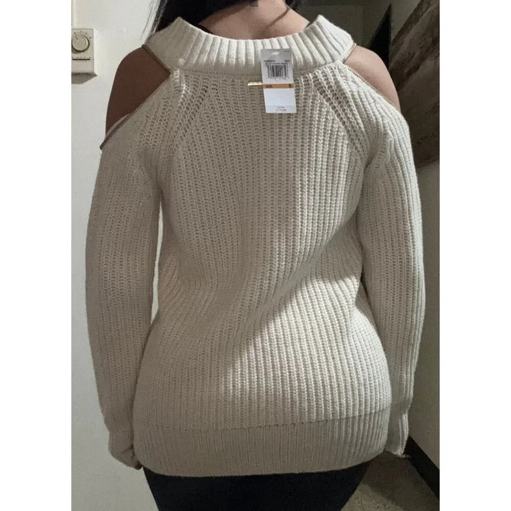 MICHAEL KORS Sweater Women's Size S white Zip Accent Cold Shoulder Knit Top - Picture 3 of 5